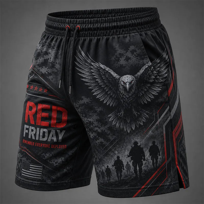 Red Friday American-Style Graphic Print Athletic Casual Shorts