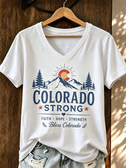 Colorado Strong Faith Hope Strength Mountain Colorado Flag Vintage V Neck Short Sleeve T-Shirt