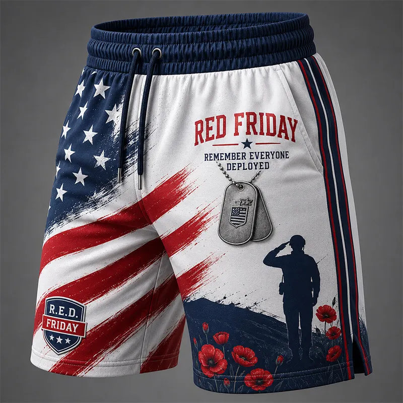 Red Friday American-Style Graphic Print Athletic Casual Shorts