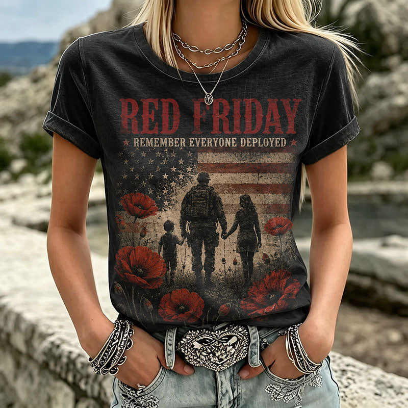 Women’s Black RED Friday Military Family Memorial Poppy Graphic Crew Neck T-Shirt