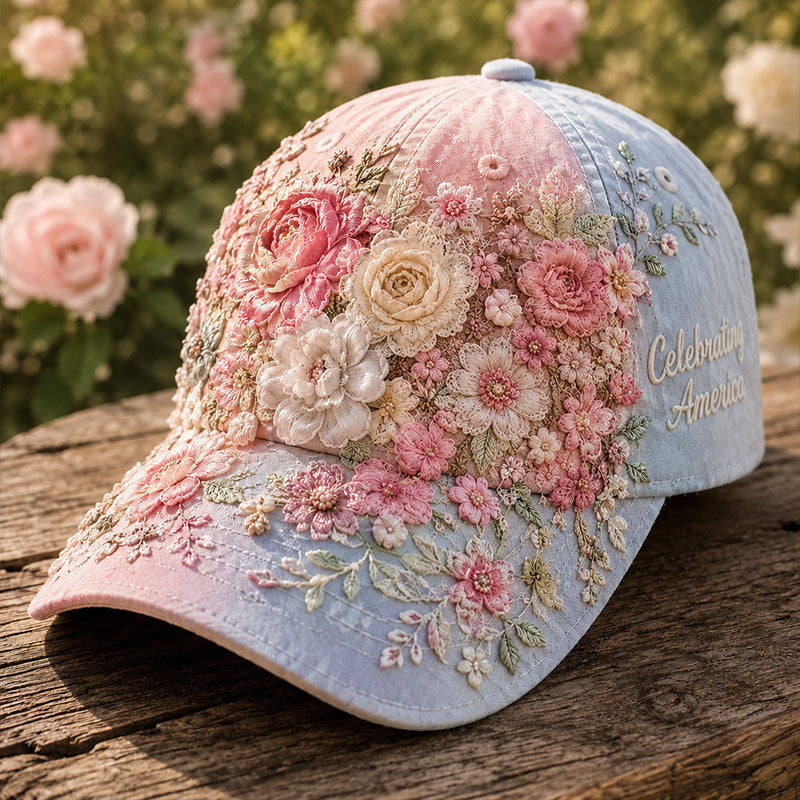 Pink Blue Colorblock 3D Floral Baseball Cap