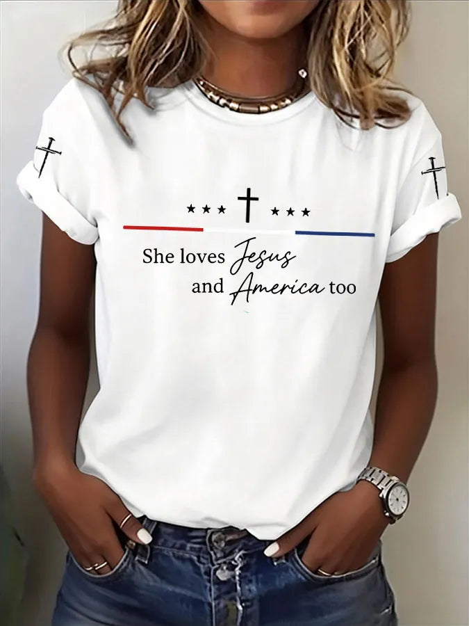 Women'S Loves Jesus and America Too Print Casual Top
