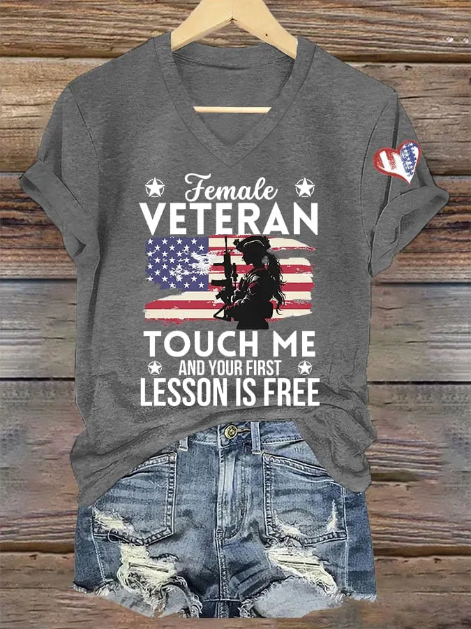 Women's Funny Female Veteran Printed V-Neck T-Shirt