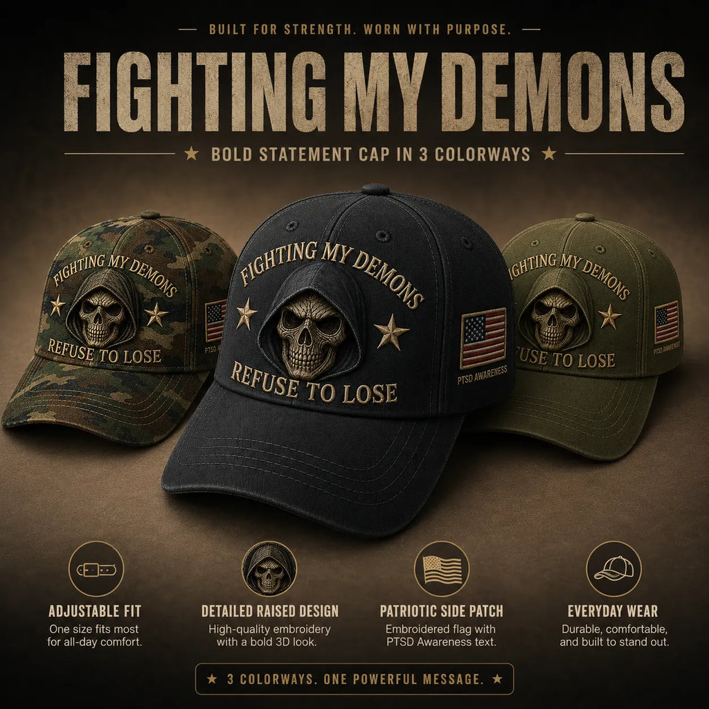 🔥 Father’s Day Sale - ❤️ “Fighting My Demons” PTSD Awareness Embroidered Cap 🇺🇸 – Refuse To Lose Edition 🖤💀