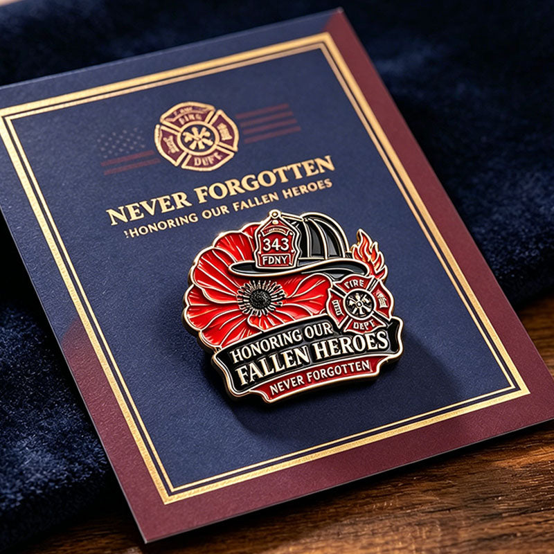 “Honoring Our Fallen Heroes – Never Forgotten” FDNY 343 Firefighter Memorial Brooch Pin | Red Poppy Tribute Badge | 9.11 Commemorative Collectible