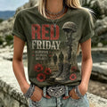 Women’s Olive Green RED Friday Military Memorial Poppy Graphic Crew Neck T-Shirt