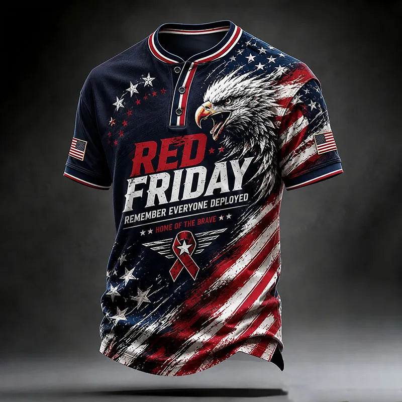 RED FRIDAY Remember Everyone Deployed Eagle Vintage American Flag Henley T-Shirt