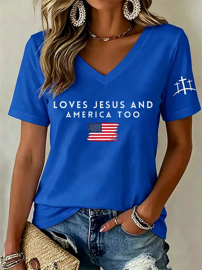 Women'S Love Jesus And America Too Print Printed T-Shirt