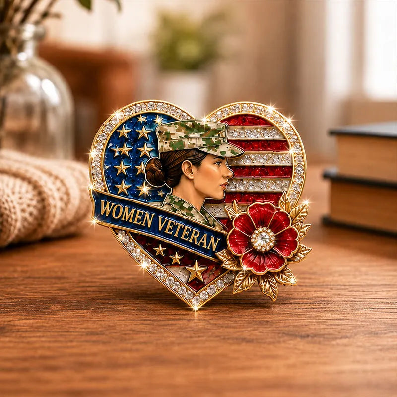 Female Veteran Patriotic Heart Rhinestone Brooch Pin