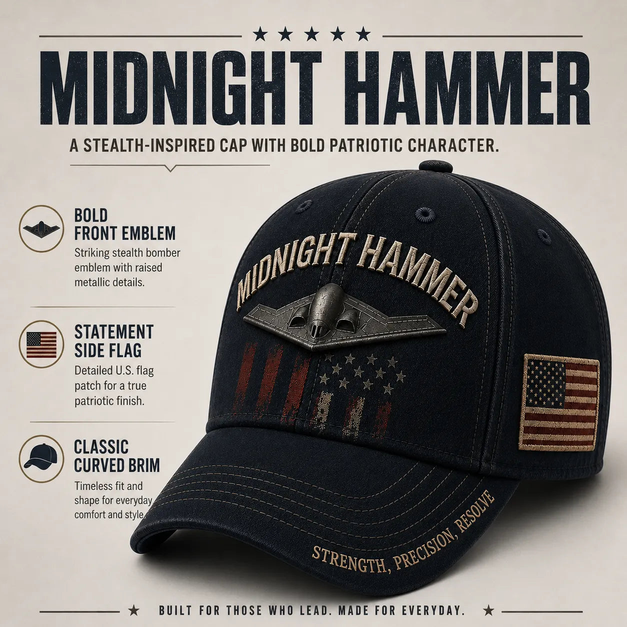 ❤️ MIDNIGHT HAMMER Tactical Embroidered Baseball Cap 🛩️🇺🇸