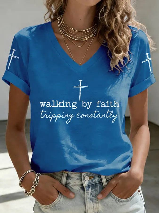 Women's Walk By Faith Not By Sight Print Casual T-shirt