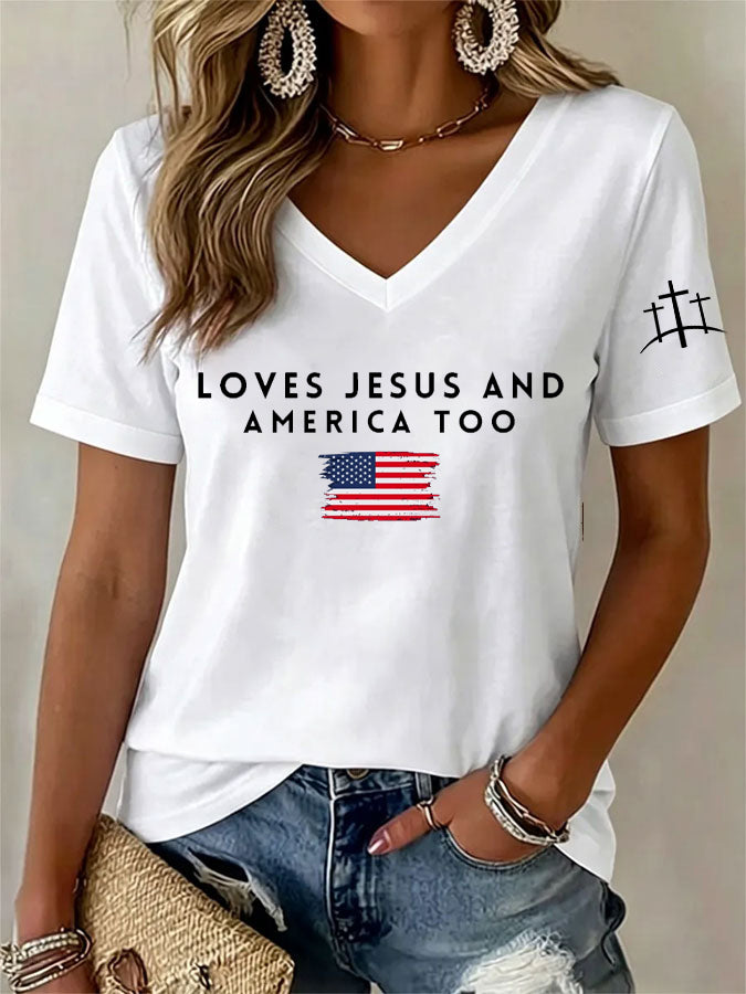 Women'S Love Jesus And America Too Print Printed T-Shirt