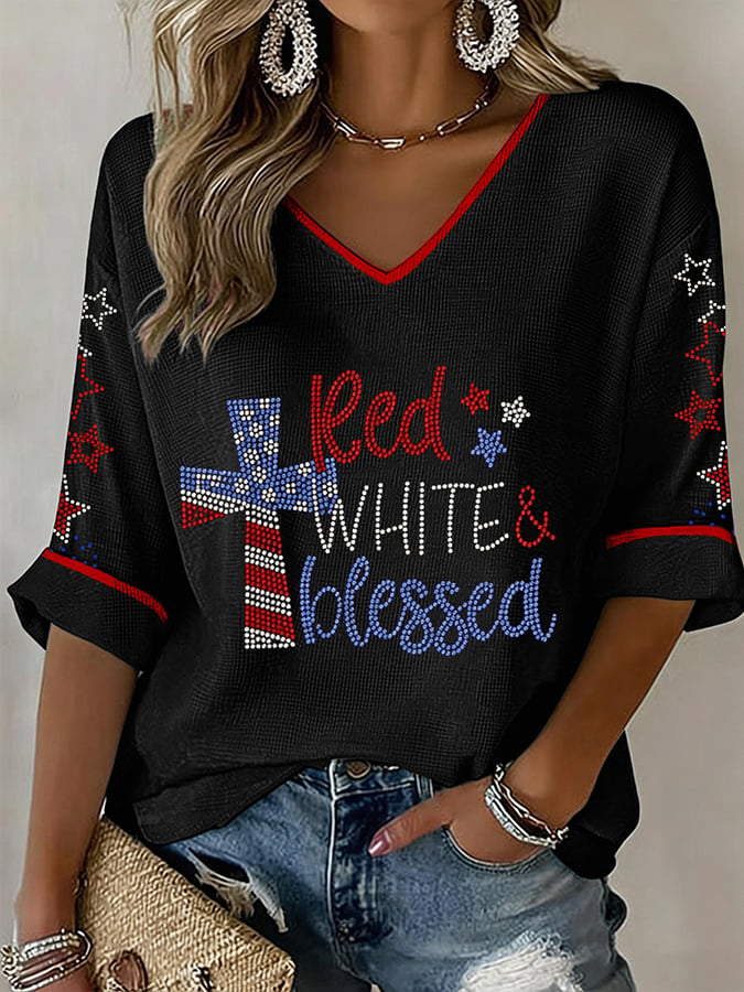 Women's American 250th Anniversary Three-Quarter Sleeve V-Neck Top