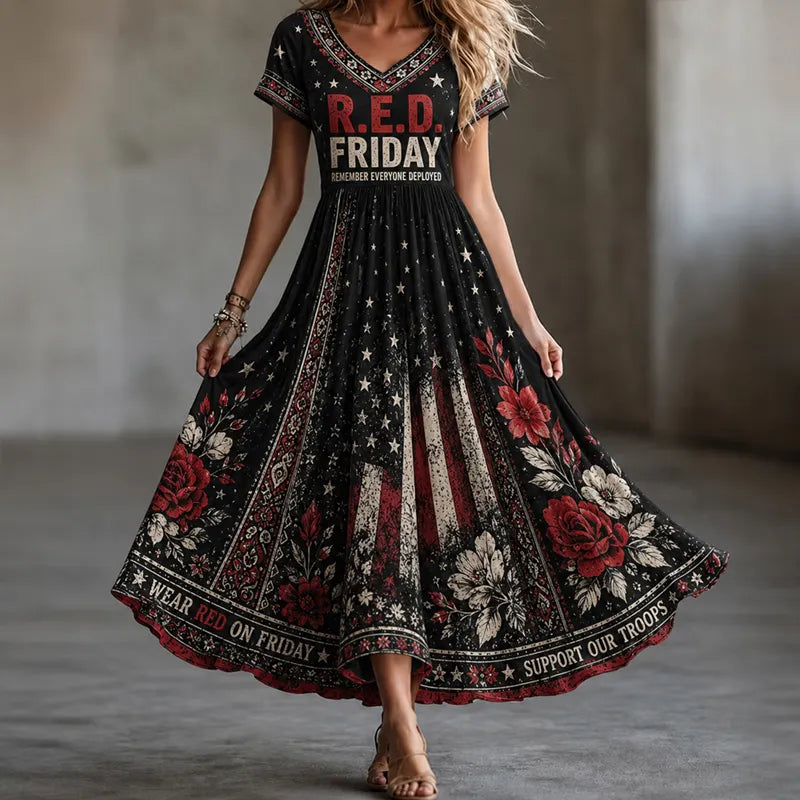 Red Friday Art Print V-neck Maxi Dress