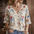 Women's Red and Blue Floral Print Casual V-Neck 3/4 Sleeve