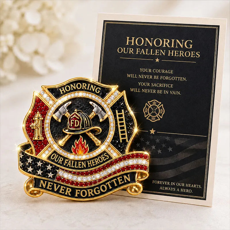 “Honoring Our Fallen Heroes – Never Forgotten” FDNY Firefighter Memorial Brooch Pin | Crossed Axes & Helmet Tribute Badge