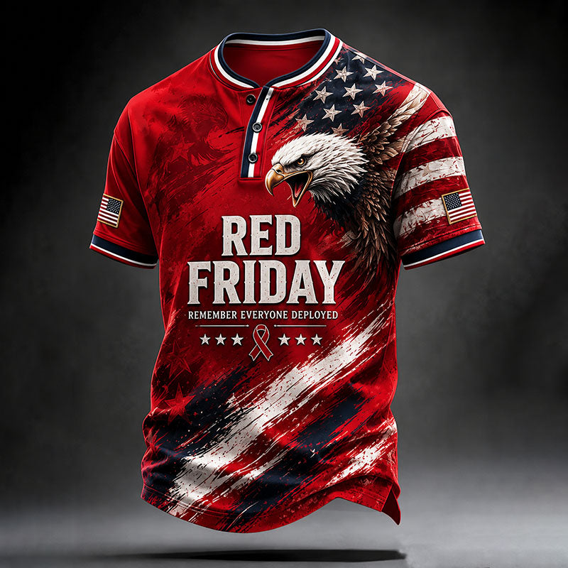 RED FRIDAY Remember Everyone Deployed Eagle American Flag Graphic Henley T-Shirt