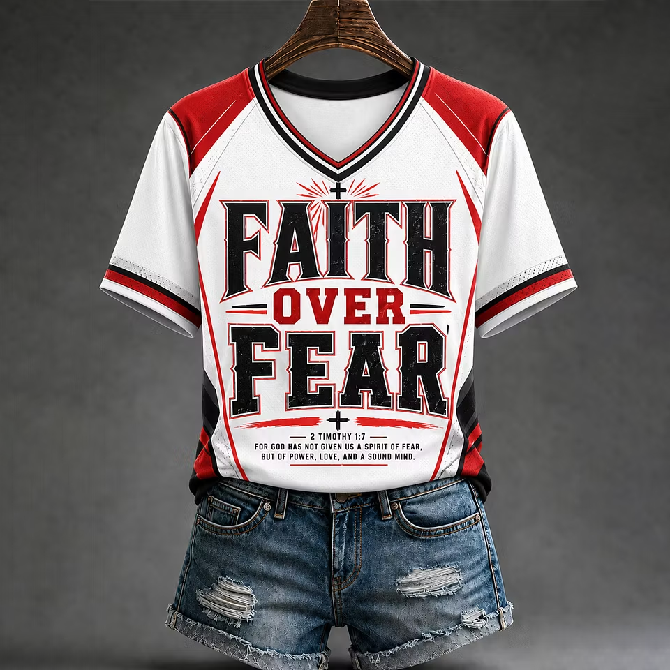 Women's Faith Over Fear Print Casual V-Neck Tee