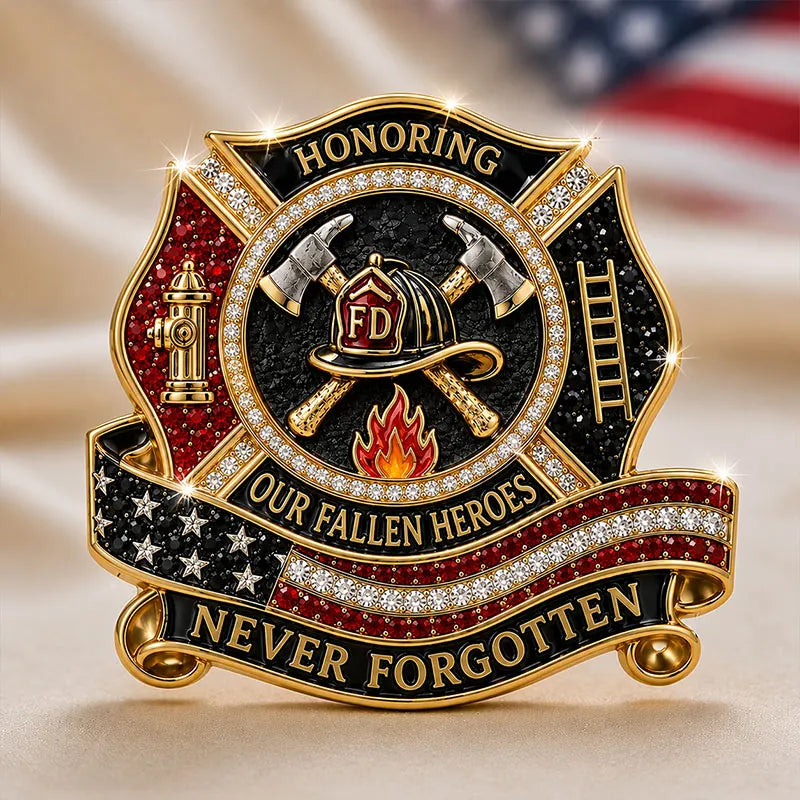 “Honoring Our Fallen Heroes – Never Forgotten” FDNY Firefighter Memorial Brooch Pin | Crossed Axes & Helmet Tribute Badge