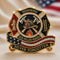 “Honoring Our Fallen Heroes – Never Forgotten” FDNY Firefighter Memorial Brooch Pin | Crossed Axes & Helmet Tribute Badge