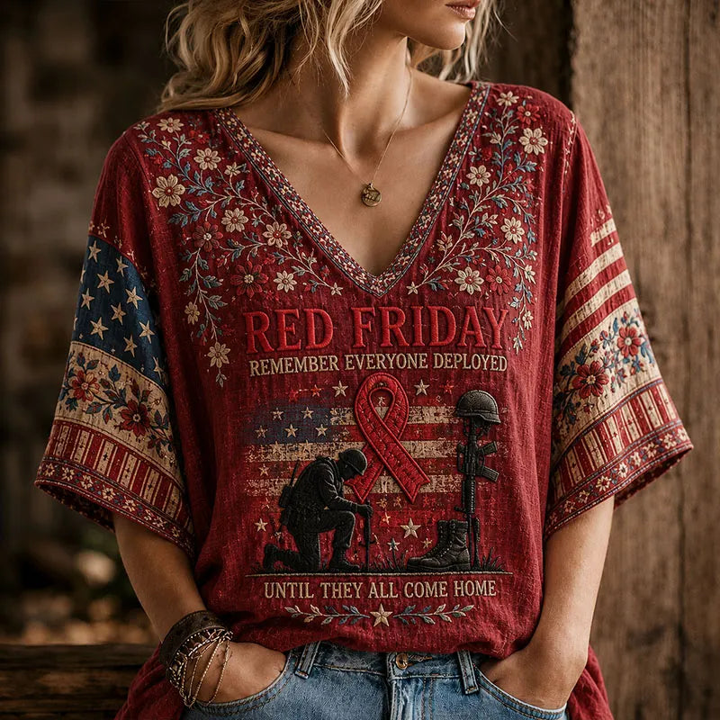 Red Friday Patriotic Vintage V-Neck Shirt for Women