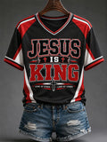 Women's Jesus Is King Print Casual V-Neck Tee