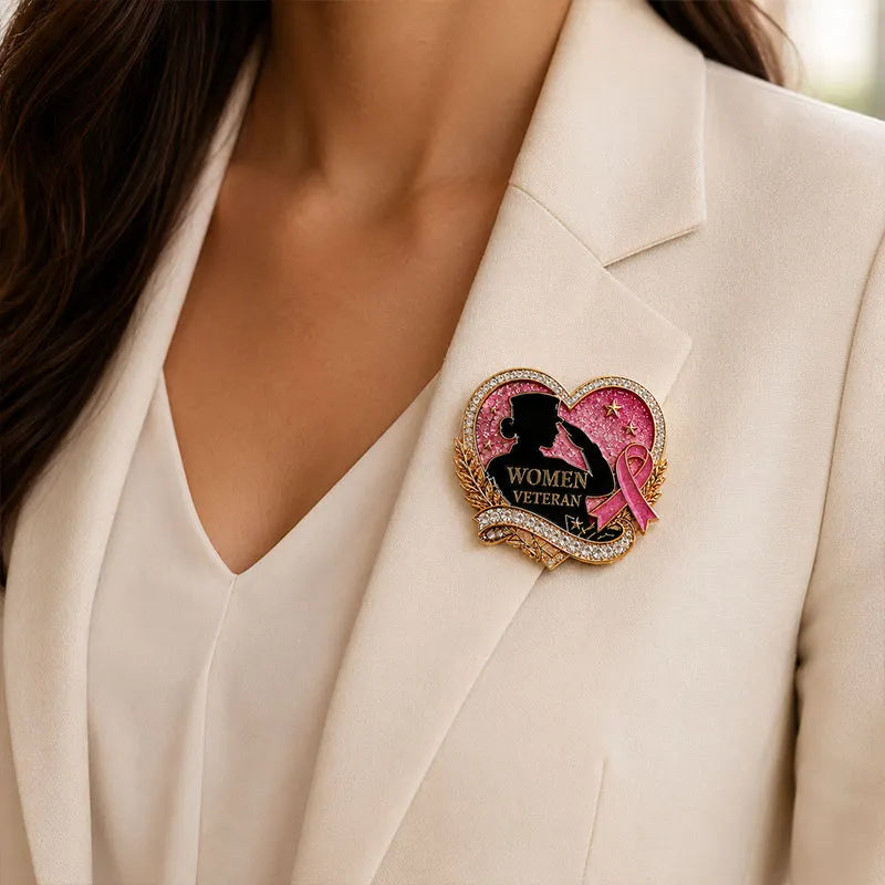 Female Veteran Memorial Heart Rhinestone Brooch Pin