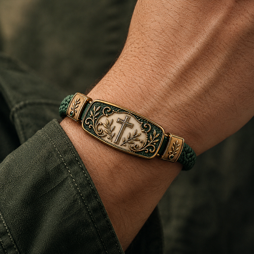 Emerald Inlay Retro Floral Cross Faith Scripture Bracelet