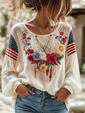 Women's American Flag Sleeve Boho Floral Embroidered Linen Top