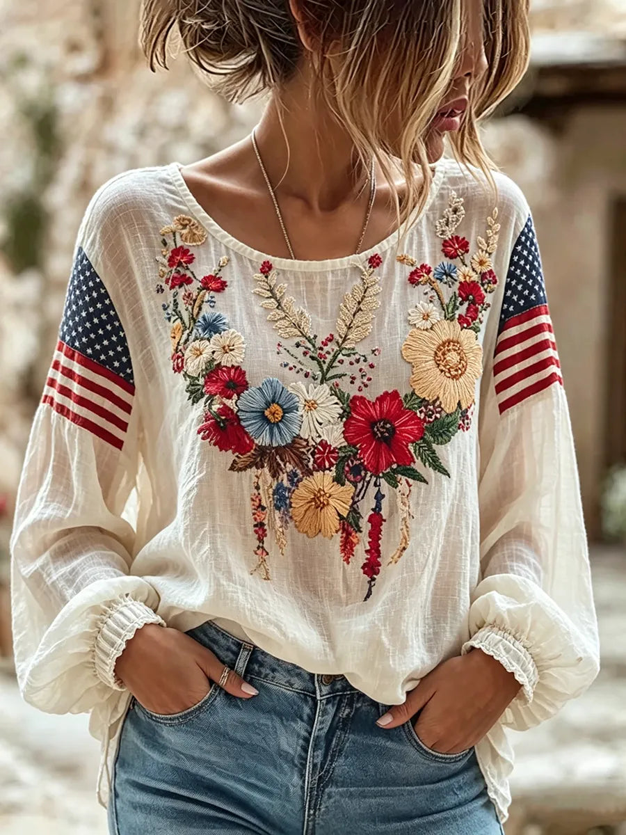 Women's American Flag Sleeve Boho Floral Embroidered Linen Top
