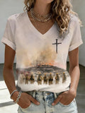 V-Neck Retro Jesus Walking Alongside Heroes Facing A Forest Fire Praying For The Firefighters Print T-Shirt