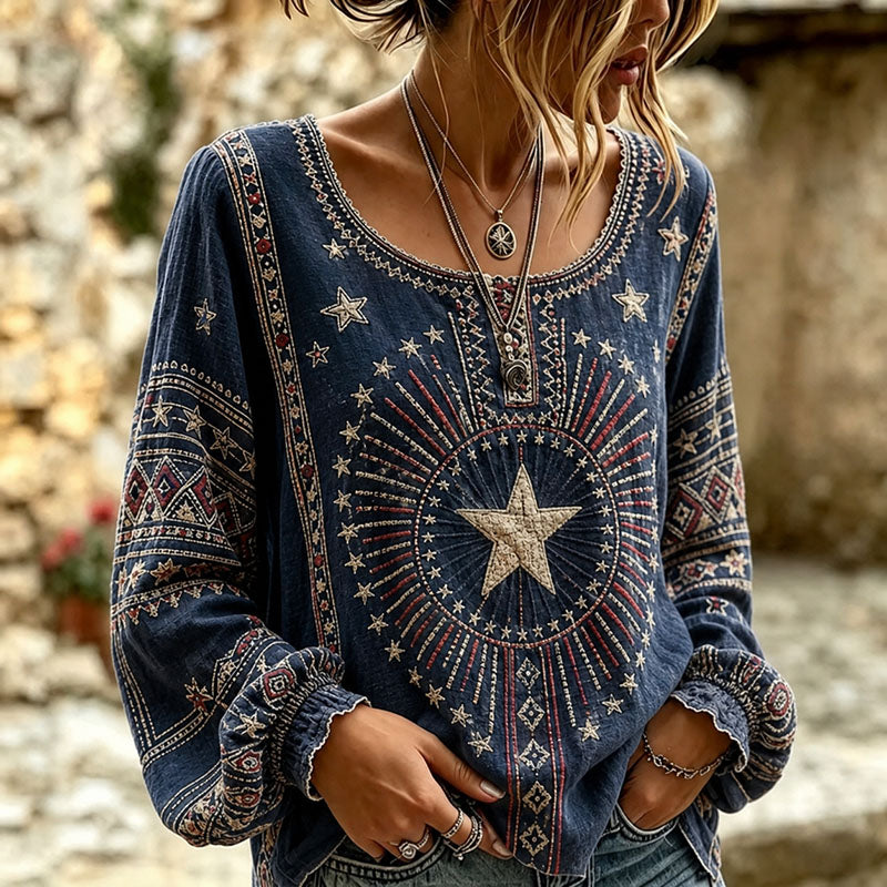 Women’s American Vintage Ethnic Star Embroidered Long Sleeve Loose Blouse