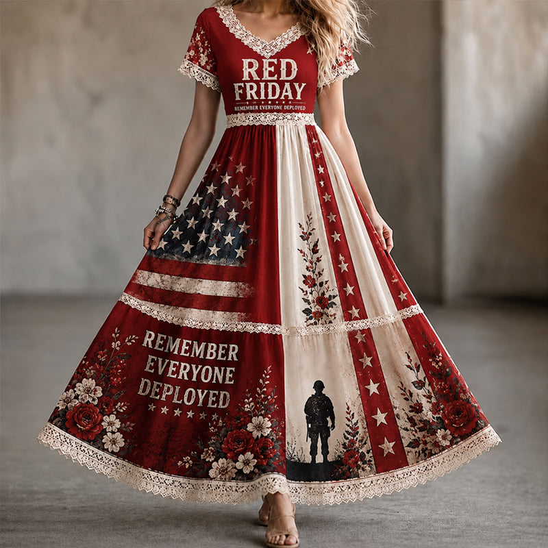 Red Friday Art Print V-neck Maxi Dress
