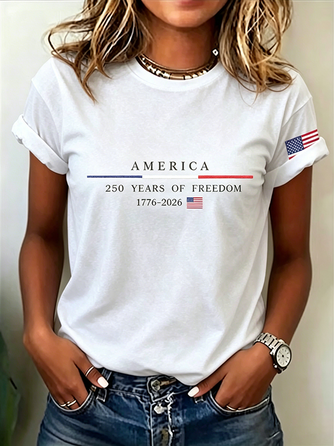Embroidered Printed Round Neck Short Sleeved T-Shirt Commemorating The 250Th Anniversary Of The United States