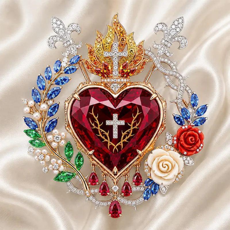 Luxurious Vintage Palace Style: Radiant Sacred Heart Floral Gemstone Brooch