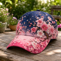 Navy Sakura Blossom Embroidered Baseball Cap, Pink Floral Garden Hat
