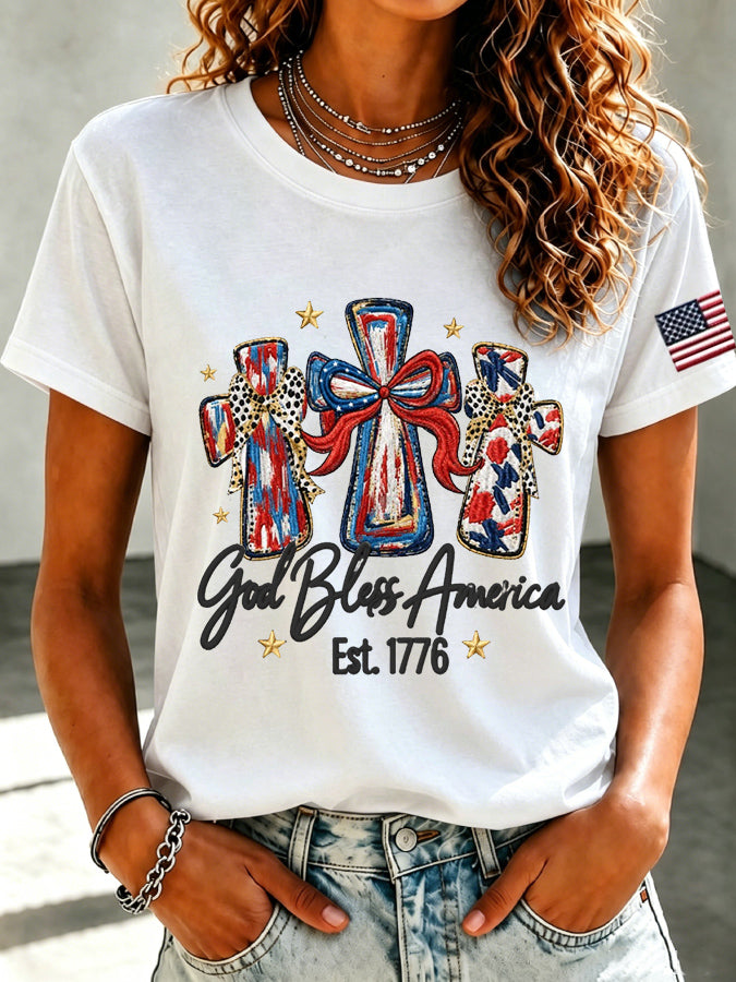 Women'S Casual Faith Floral Print Round Neck Short Sleeved T-Shirt