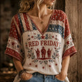 Red Friday Patriotic Vintage Military Patchwork V-Neck Shirt for Women