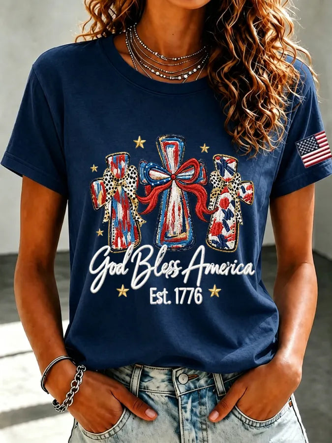 Women'S Casual Faith Floral Print Round Neck Short Sleeved T-Shirt