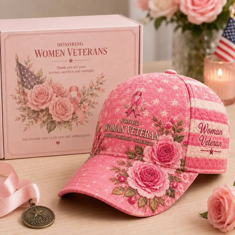 Women Veteran Pink Rose Art Print Baseball Cap