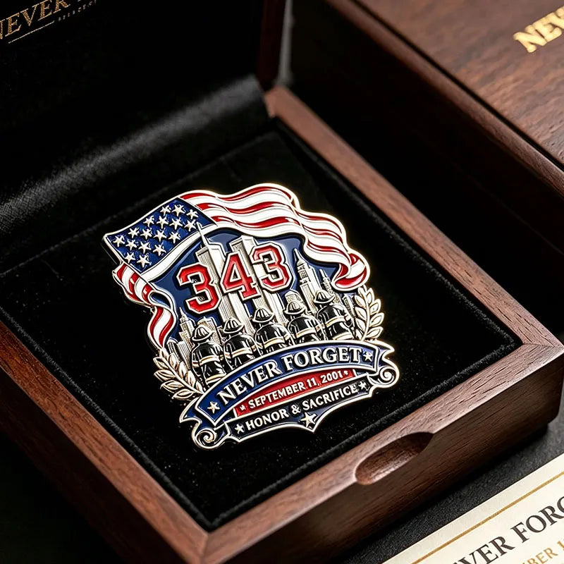 “Never Forget 343 – Honor & Sacrifice” 9.11.2001 FDNY Memorial Brooch Pin | United States Flag Firefighter Tribute Badge