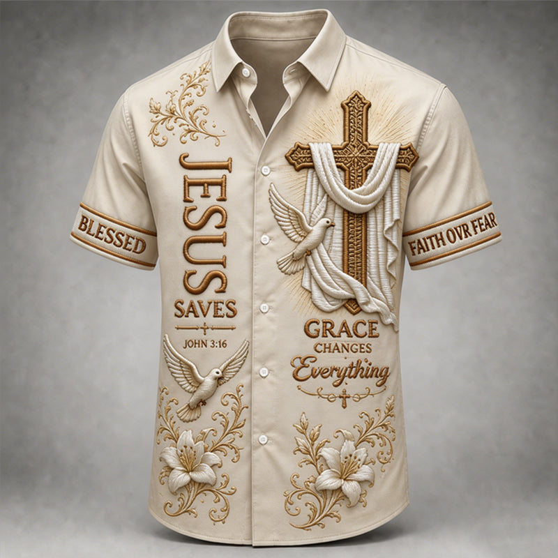 Men's Religious Faith Cross Printed Casual Shirt