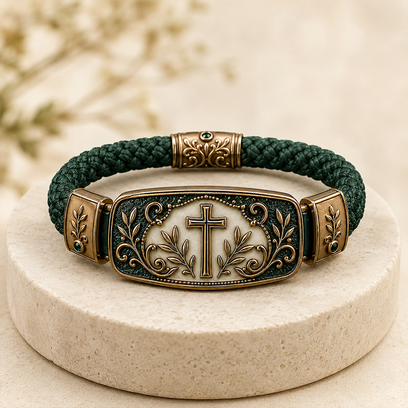Emerald Inlay Retro Floral Cross Faith Scripture Bracelet