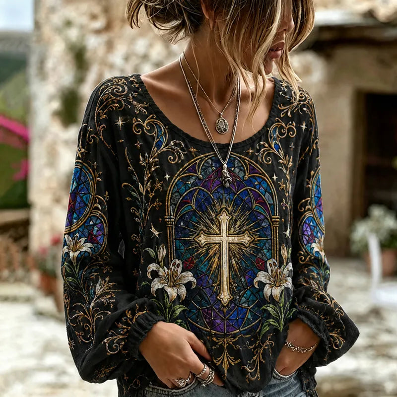 Women's Religious Faith Floral Art Printed Casual Top