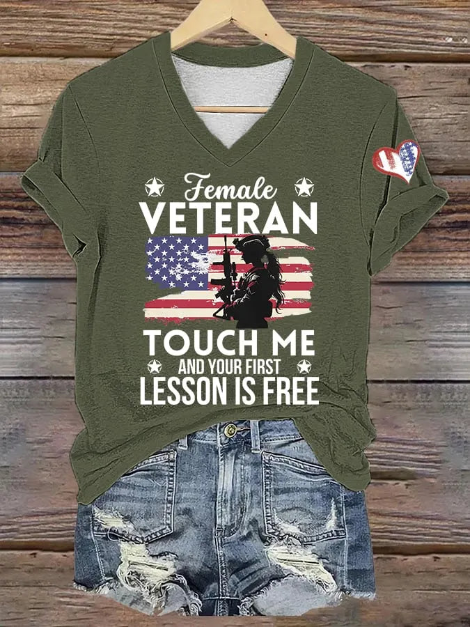 Women's Funny Female Veteran Printed V-Neck T-Shirt