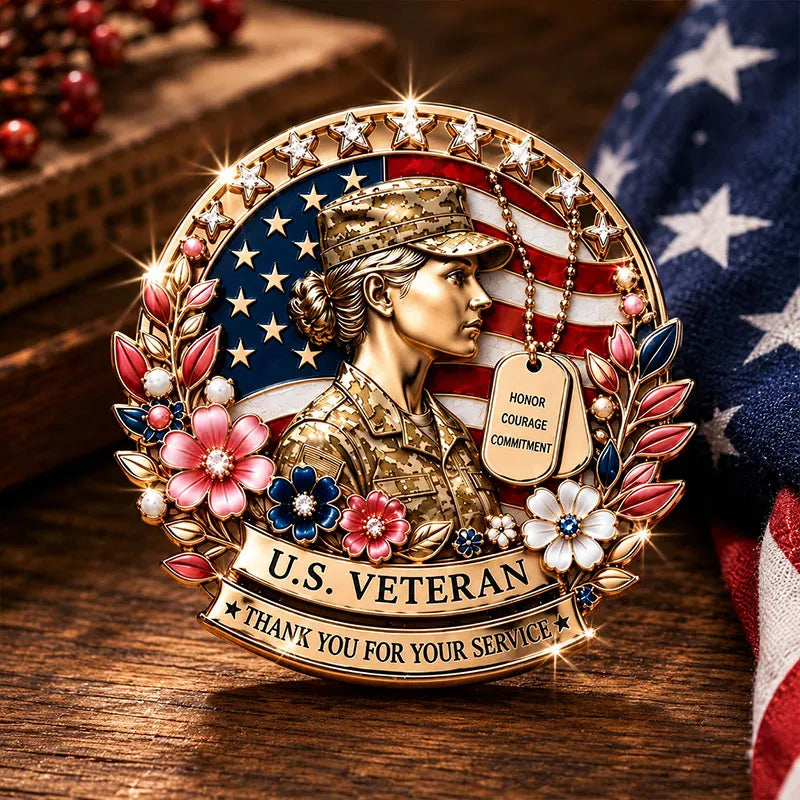 U.S. Veteran Patriotic Floral Rhinestone Brooch Pin